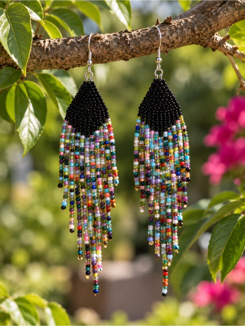 Black & Multicolor Seed Bead Fringe Earrings